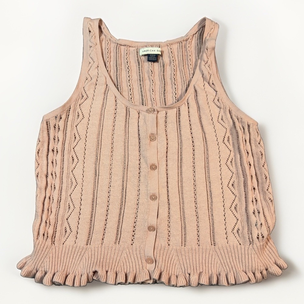 American Eagle Pointelle Knit Tank Womens M Pink Button Front Ruffle Hem Cotton